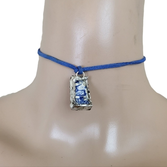 Hand Crafted Jewelry - White Willow Broken China Choker Blue Cord & Silver-Plated Frame, Handmade